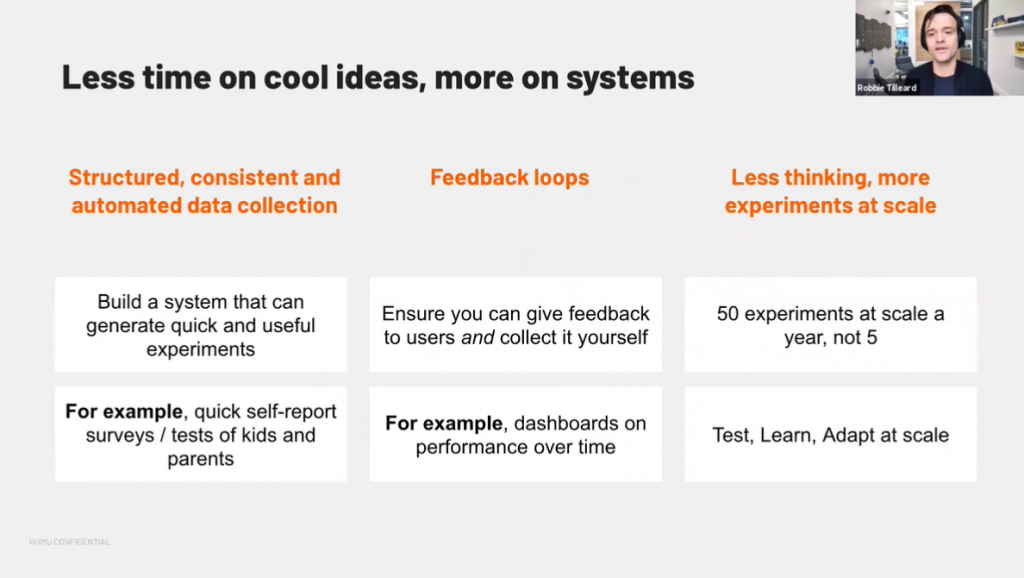 Less time on cool ideas, more on systems.Structured, consistent and automated data collection.Feedback loops.Less thinking, more experiments at scale